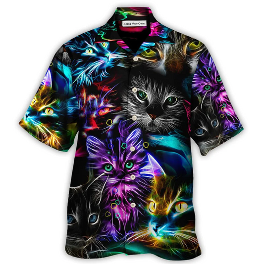 Funny Neon Colorful Cat Light Hawaiian Shirt For Island Vacations And Everyday Style