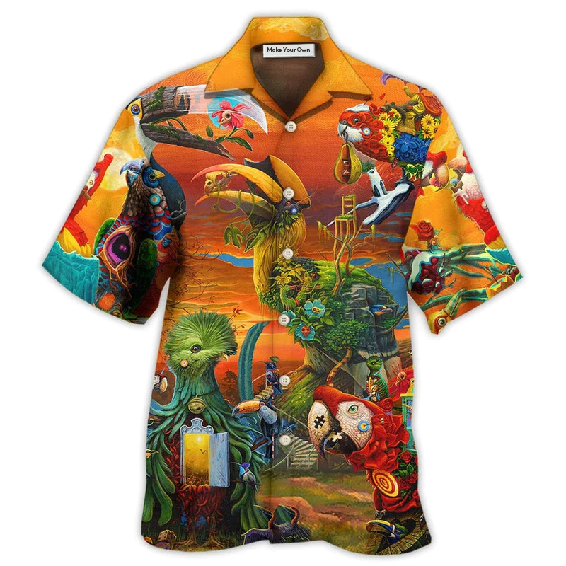 Parrot Flock Pigeon Hawaiian Shirt Artwork Detail For Tropical Trips And Casual Outings