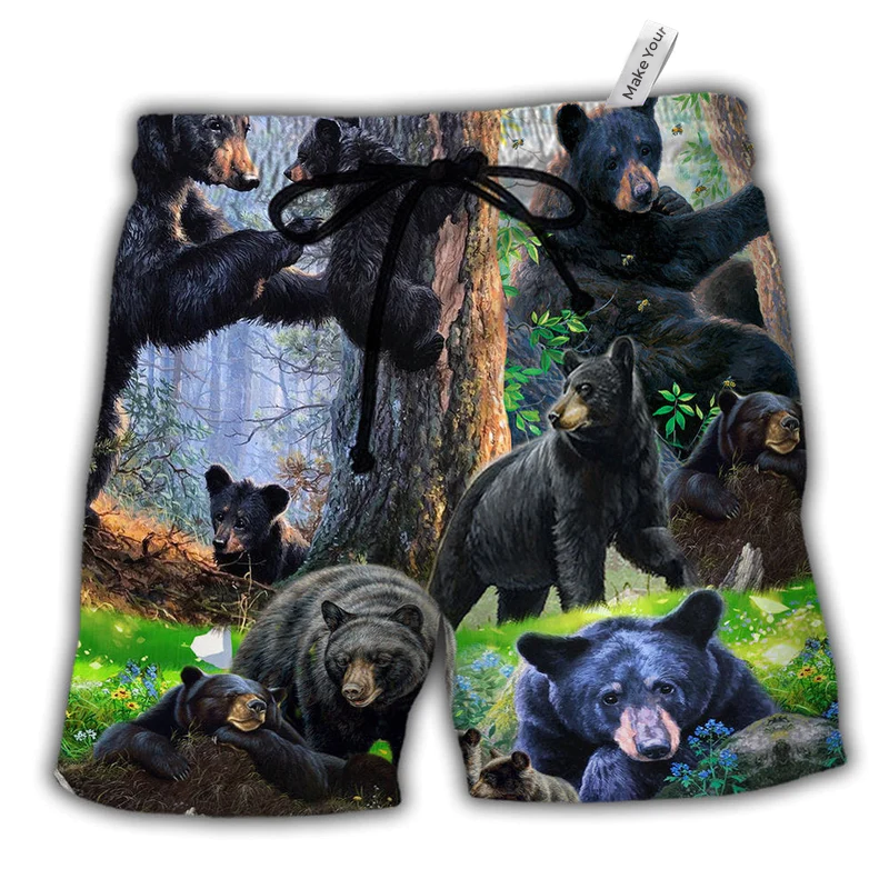 Bear Family Into The Spring Hawaiian Print Beach Shorts For Beach Days And Casual Travel
