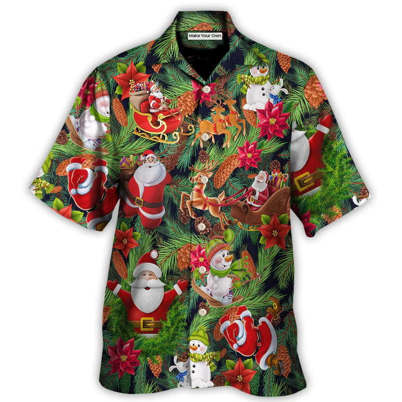 Festive Christmas Santa Snowman Hawaiian Shirt Detailed Pattern View For Warm Weather Events