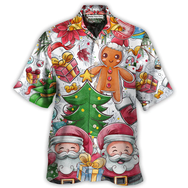 Cute Christmas Santa Snowman Gingerbread Hawaiian Shirt Detailed Pattern View For Coastal Travel