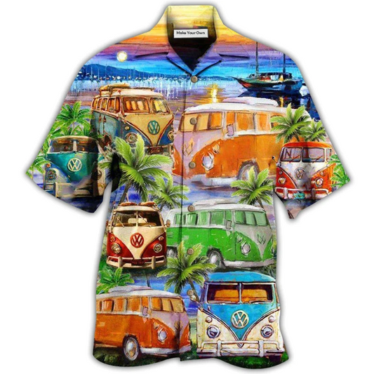 Bus And Tropical Beach Hawaiian Shirt For Tropical Holiday Resort Parties And Everyday Style