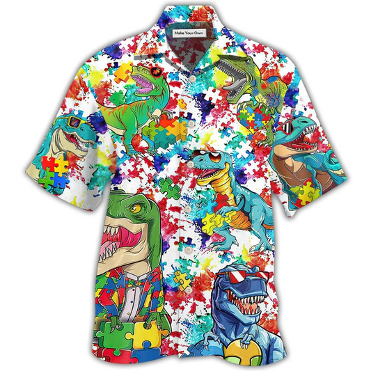 Dinosaur Awareness Hawaiian Shirt Design View For Casual Summer Styling