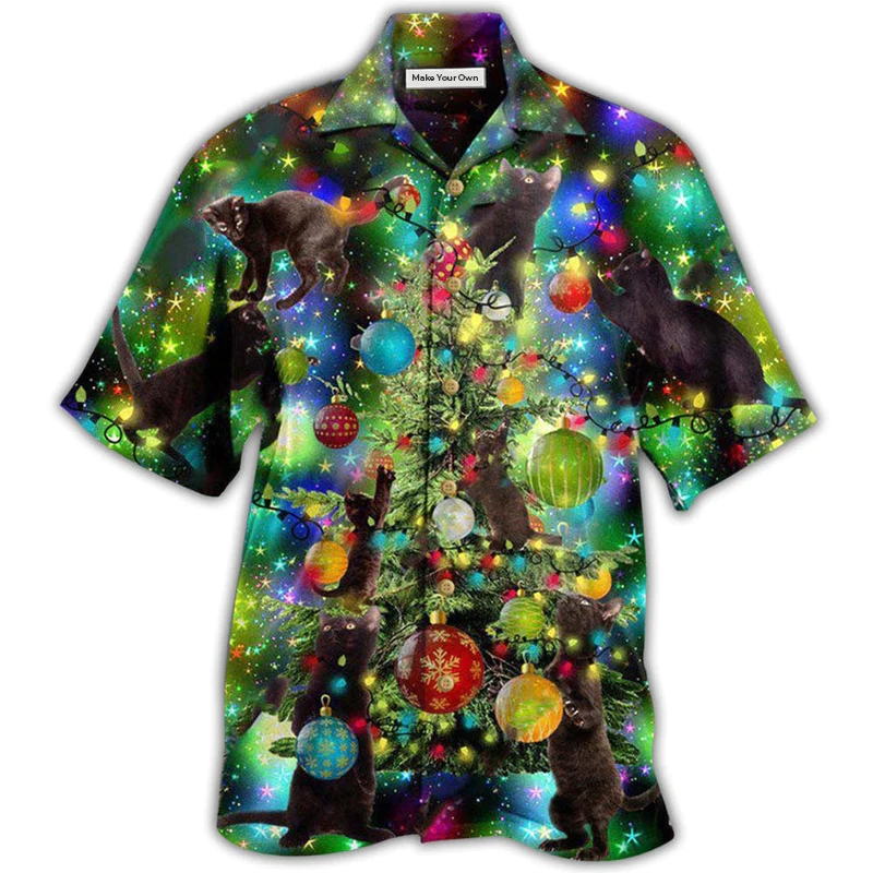 Black Cat Christmas Hawaiian Shirt Artwork View For Coastal Escapes And Resort Style