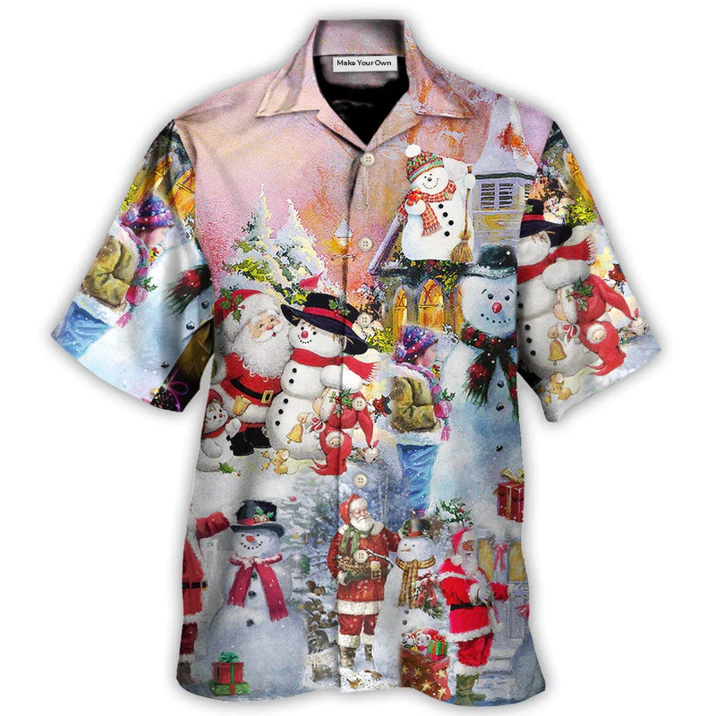 Snowman Christmas Santa Snow Village Hawaiian Shirt Artwork Detail For Resort Trips And Outdoor Activities