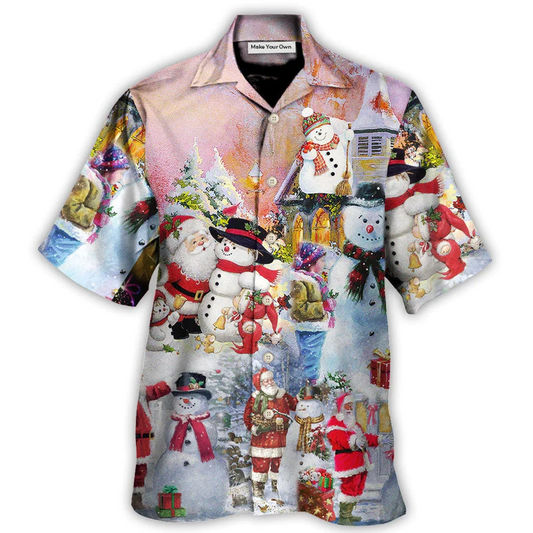Snowman Christmas Santa Snow Village Hawaiian Shirt Artwork Detail For Resort Trips And Outdoor Activities