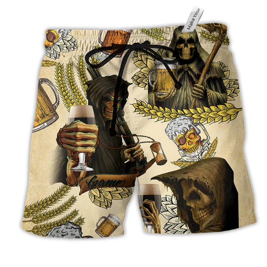 Skull Love Beer Happy Day Vintage Hawaiian Print Beach Shorts For Weekend Getaways And Comfort
