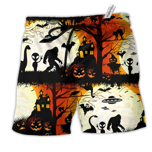 Halloween Ew People Bigfoot UFO Hawaiian Print Beach Shorts For Fantasy Fan Beach Days