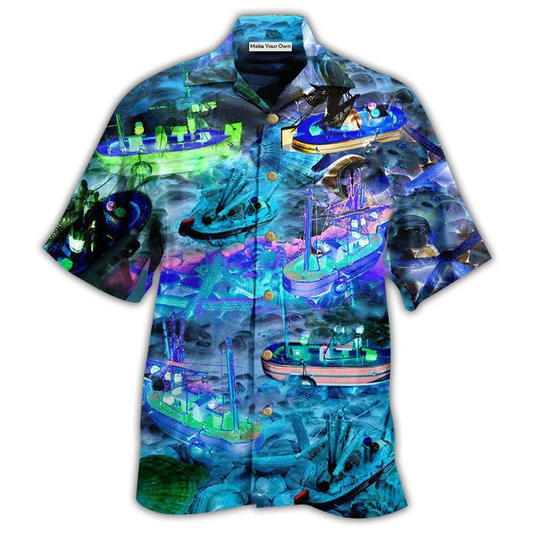 Blue Boat Hawaiian Shirt For Vacation Getaways Resort Wear And Casual Celebrations