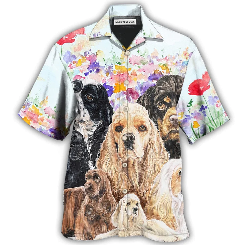 Floral Dog Cocker Spaniel Hawaiian Shirt Artwork Detail For Tropical Trips And Casual Outings