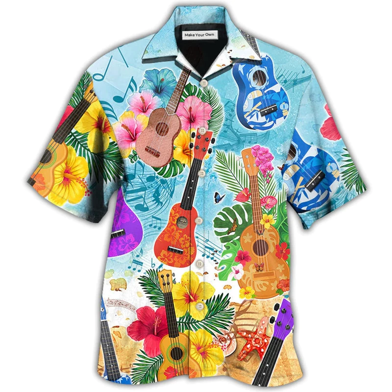Tropical Guitar Island Ukulele Hawaiian Shirt Pattern Detail For Vacation Travel And Daily Wear