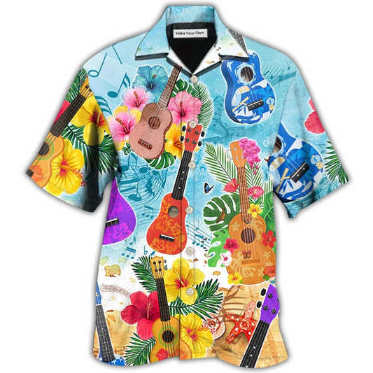 Tropical Guitar Island Ukulele Hawaiian Shirt Pattern Detail For Vacation Travel And Daily Wear