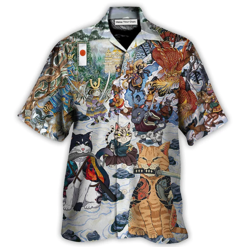 Samurai Cats Small Measure Peace Hawaiian Shirt Pattern View For Relaxed Warm Weather Outfits