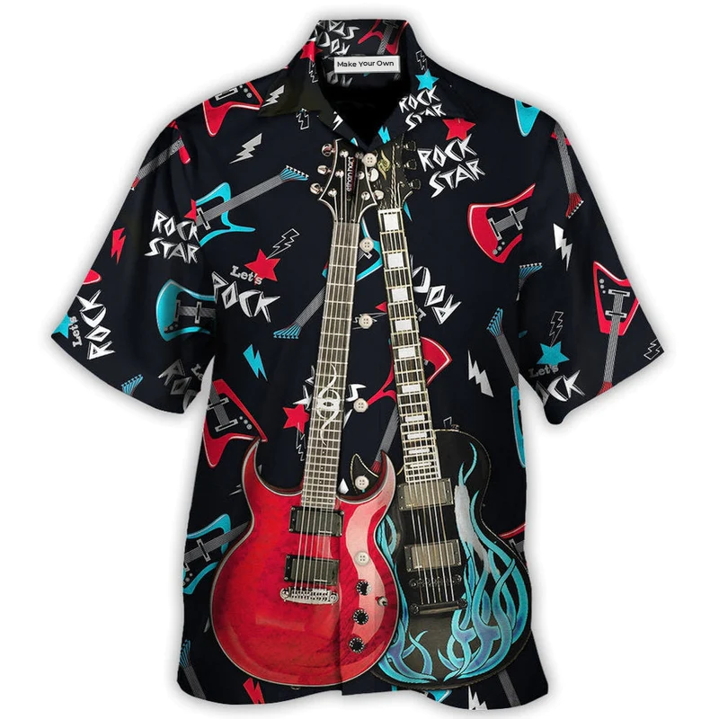 Guitar Playing Music Hawaiian Shirt Pattern Detail For Summer Holidays And Outdoor Fun