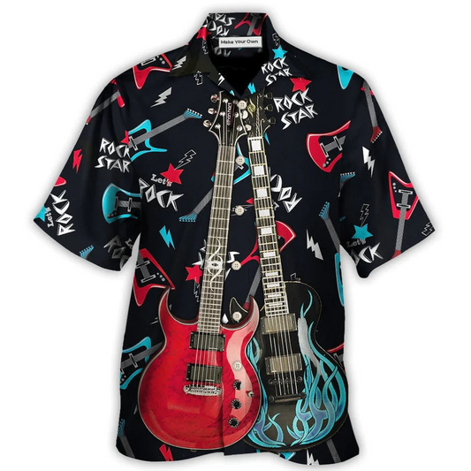 Guitar Playing Music Hawaiian Shirt Pattern Detail For Summer Holidays And Outdoor Fun