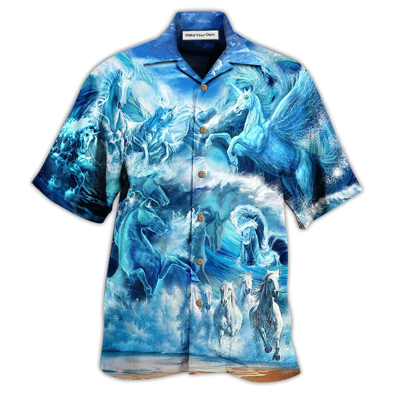 Horse Run Sea Free Souls Hawaiian Shirt Pattern Detail For Vacation Travel And Daily Wear