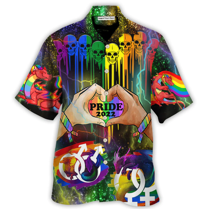 Rainbow Skull Pride Hawaiian Shirt For Tropical Holidays And Casual Wear