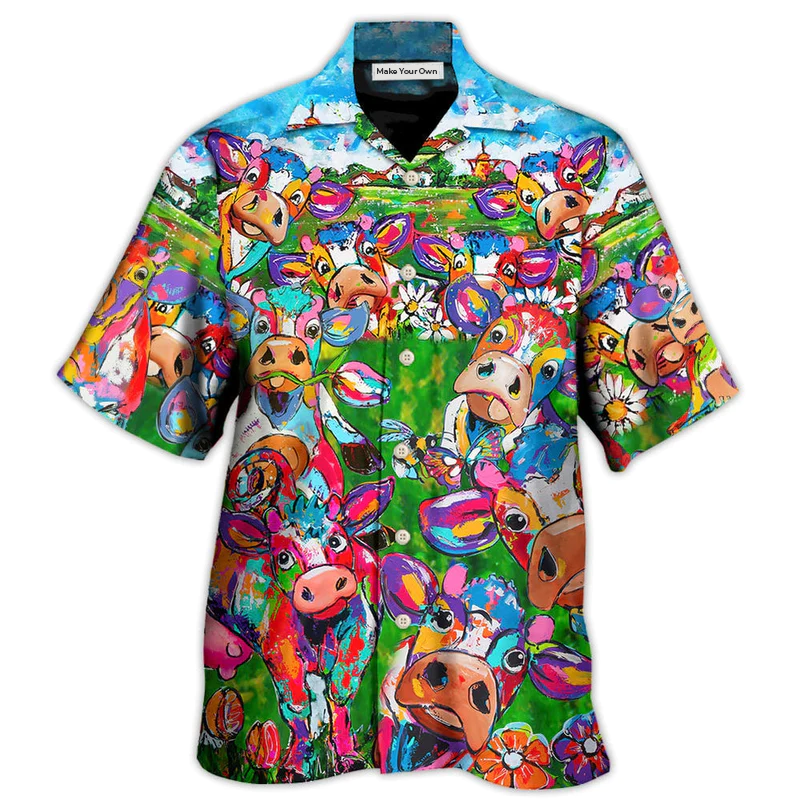 Floral Funny Cow Farm Hawaiian Shirt Pattern View For Lightweight Everyday Style