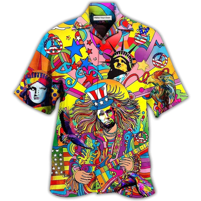 Patriotic Colorful Hippie Peace Hawaiian Shirt For Island Holidays Summer Parties And Casual Outdoor Wear