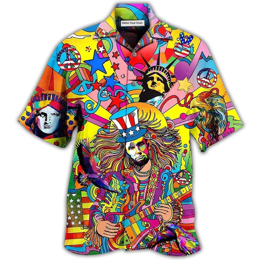 Patriotic Colorful Hippie Peace Hawaiian Shirt For Island Holidays Summer Parties And Casual Outdoor Wear