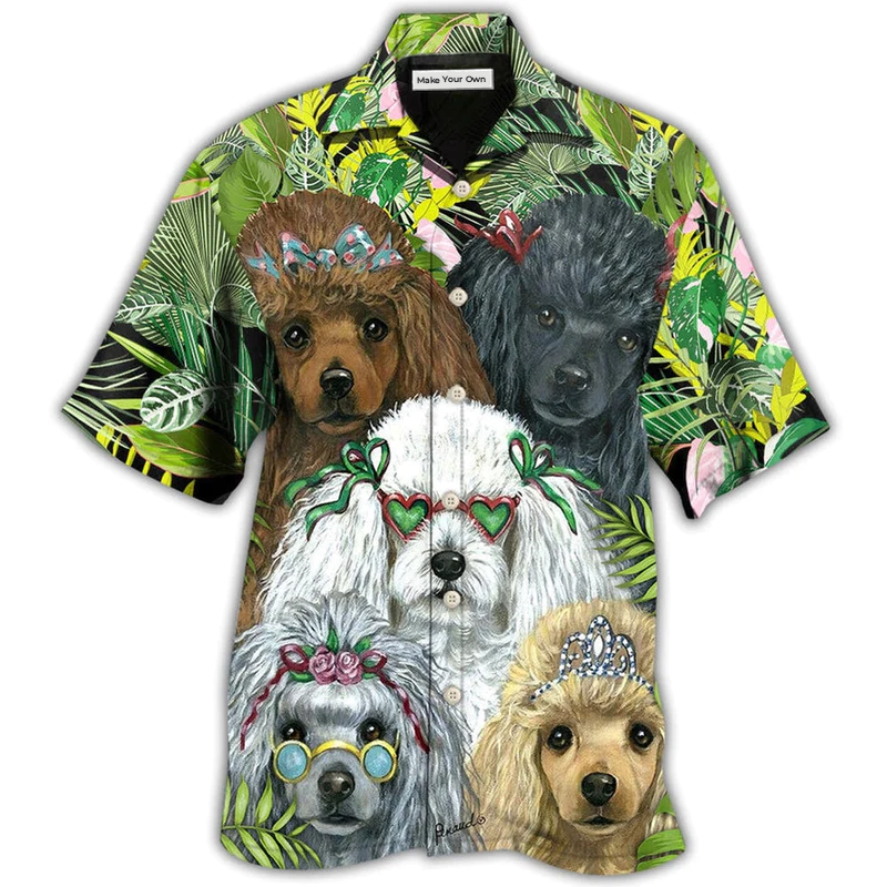 Green Tropical Dog Poodle Hawaiian Shirt For Vacation Days And Relaxed Coastal Outings