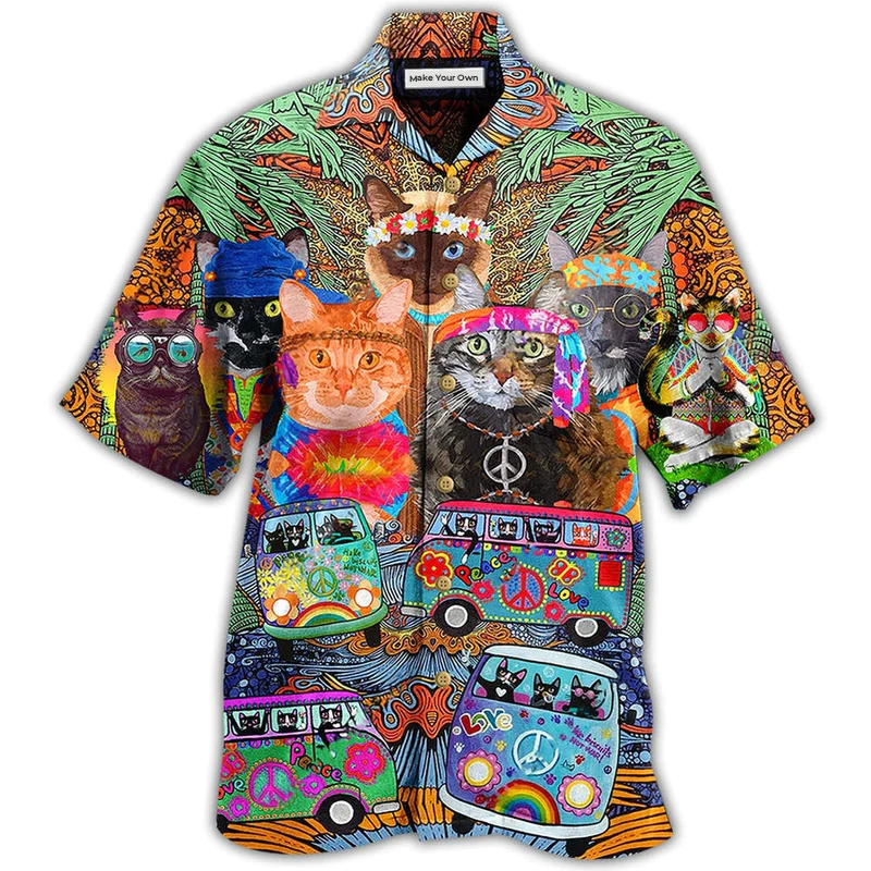 Bohemian Cats Peace Hawaiian Shirt Pattern View For Relaxed Warm Weather Outfits
