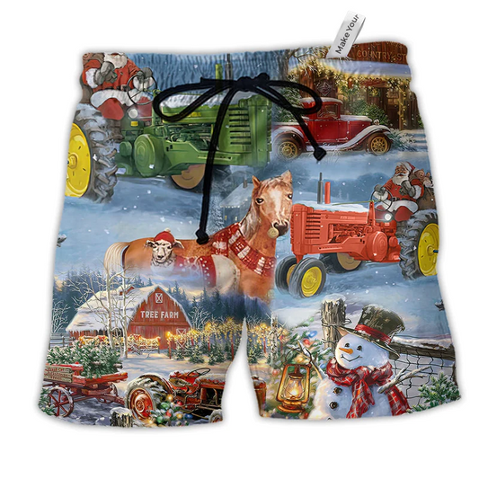 Christmas To Farm Happiness Hawaiian Print Beach Shorts For Festive Vacation Wear
