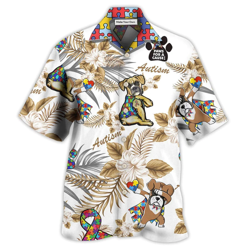 Autism Awareness Boxer Dog Hawaiian Shirt For Summer Vacation Beach Travel And Casual Wear