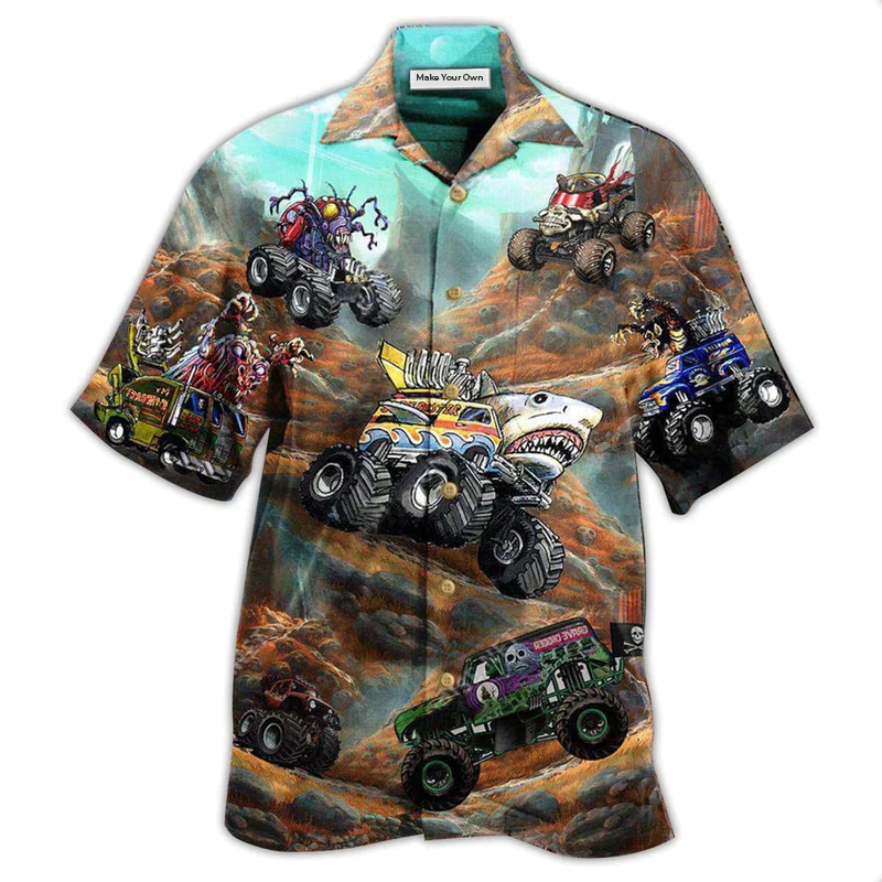 Truck Monster Mountain Play Hawaiian Shirt Pattern Detail For Vacation Travel And Daily Wear