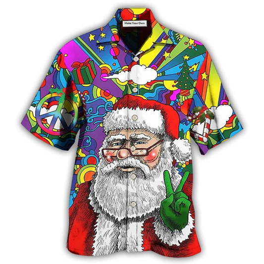 Christmas Playful Hippie Peace Hawaiian Shirt For Resort Travel Summer Outings And Casual Gatherings