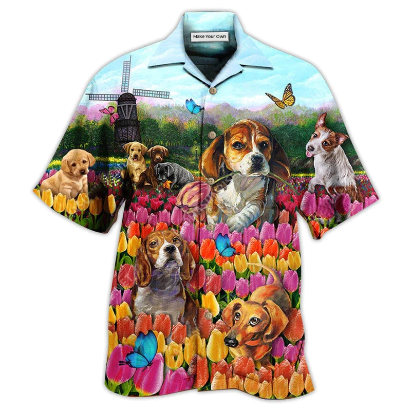 Dogs Romantic Tulip Garden Hawaiian Shirt For Summer Events And Casual Outdoor Wear