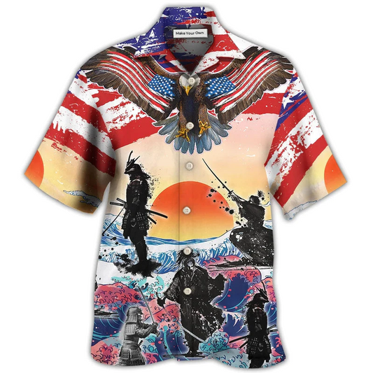 Eagle Samurai US Flag Independence Day Hawaiian Shirt Artwork Detail For Tropical Trips And Casual Outings
