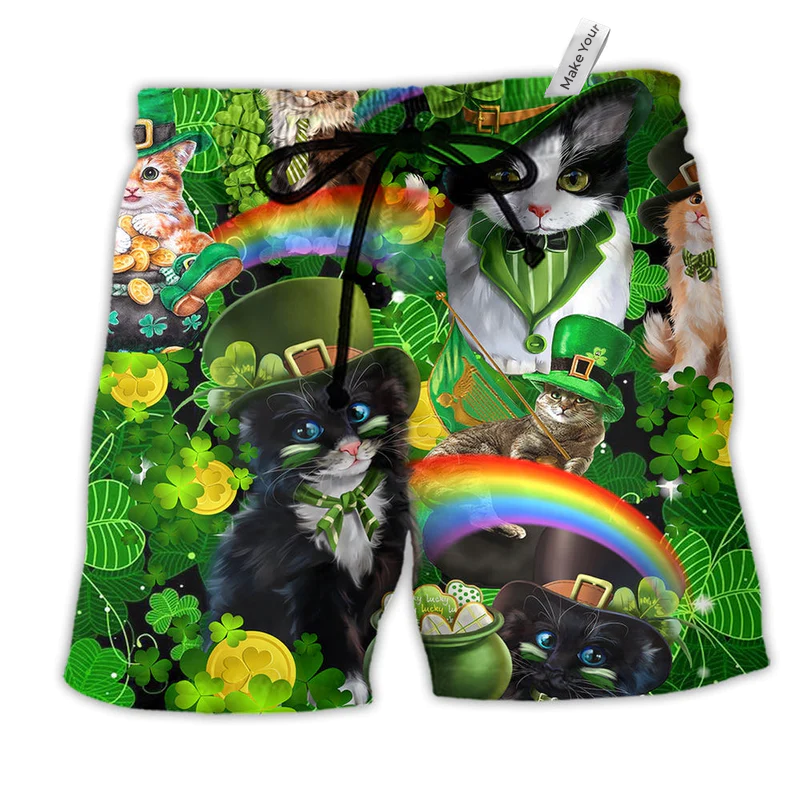 Irish Saint Patricks Day Cats Shamrocks Green Beach Shorts For Tropical Holidays And Weekend Adventures
