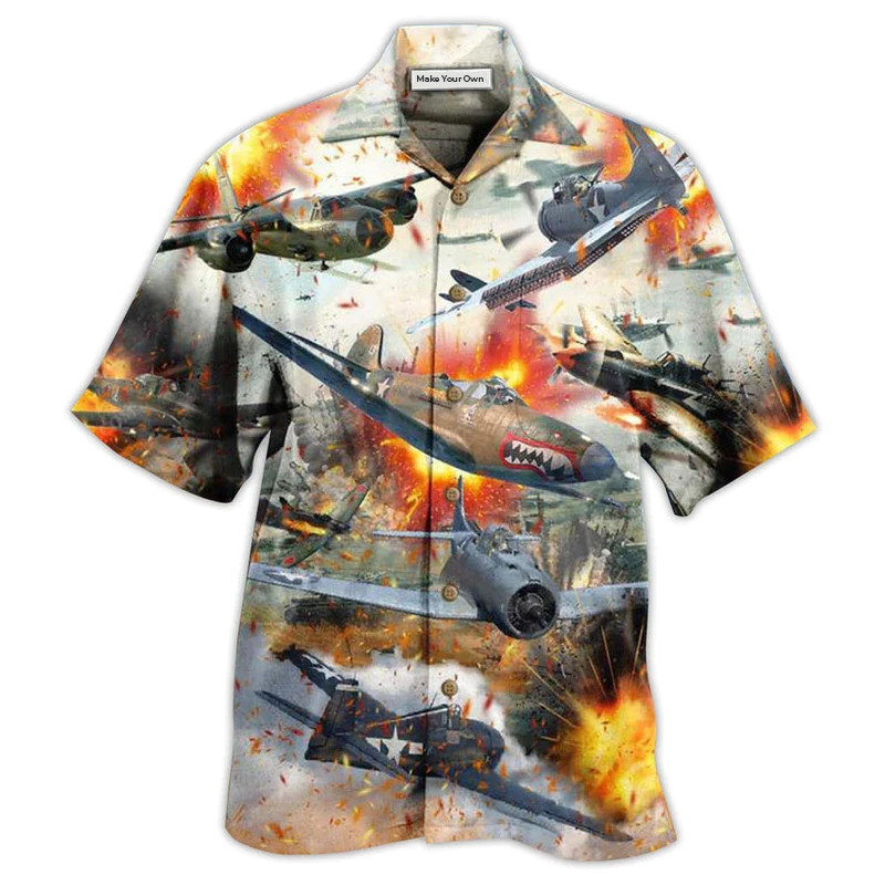 Combat Aircraft Fire War Hawaiian Shirt Pattern Detail For Vacation Travel And Daily Wear
