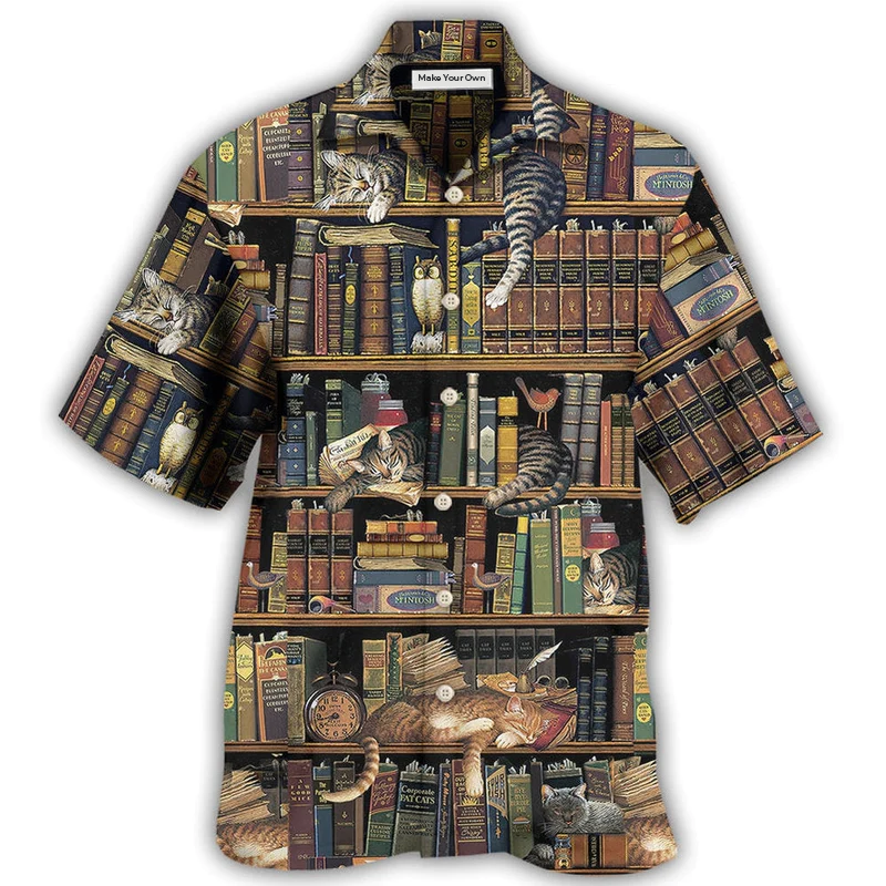 Vintage Cat Book Hawaiian Shirt For Summer Vacation And Beach Travel