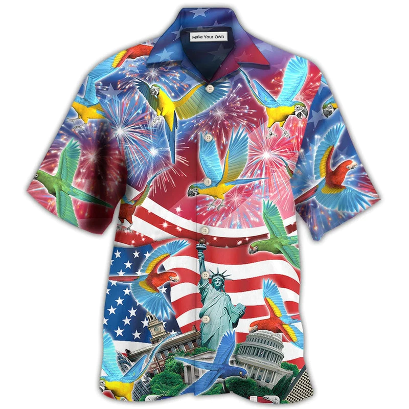 Parrot American Flag Independence Day Hawaiian Shirt For Vacation Days And Relaxed Coastal Outings