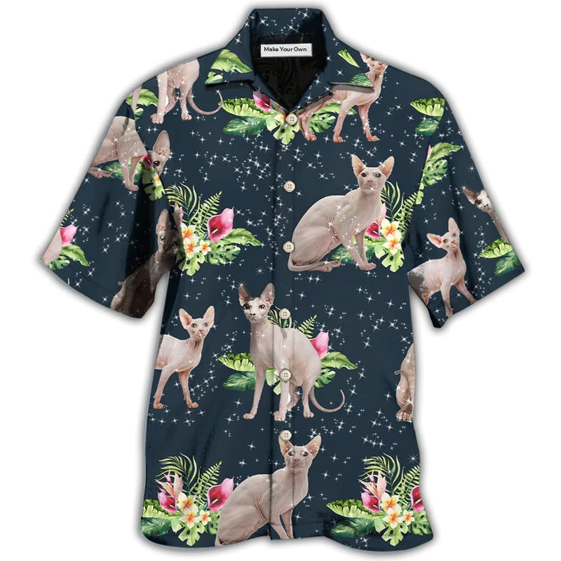Tropical Floral Cat Sphynx Hawaiian Shirt Artwork Detail For Tropical Trips And Casual Outings