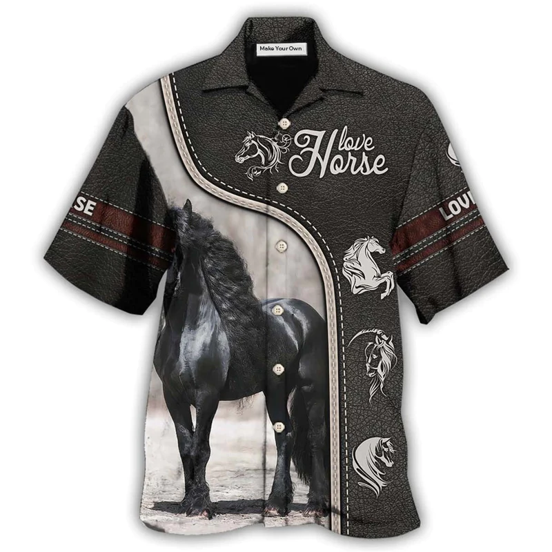 Black Horse Hawaiian Shirt Design Detail For Sunny Adventures And Casual Wear