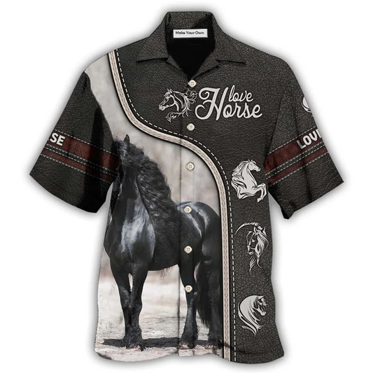 Black Horse Hawaiian Shirt Design Detail For Sunny Adventures And Casual Wear