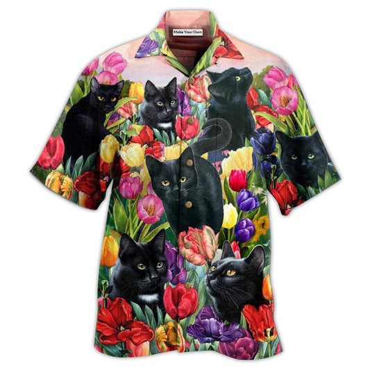 Black Floral Colorful Cat Hawaiian Shirt Design Detail For Sunny Adventures And Casual Wear