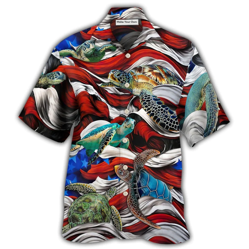 Turtle Independence Day Swimming American Flag Hawaiian Shirt Artwork Detail For Tropical Trips And Casual Outings