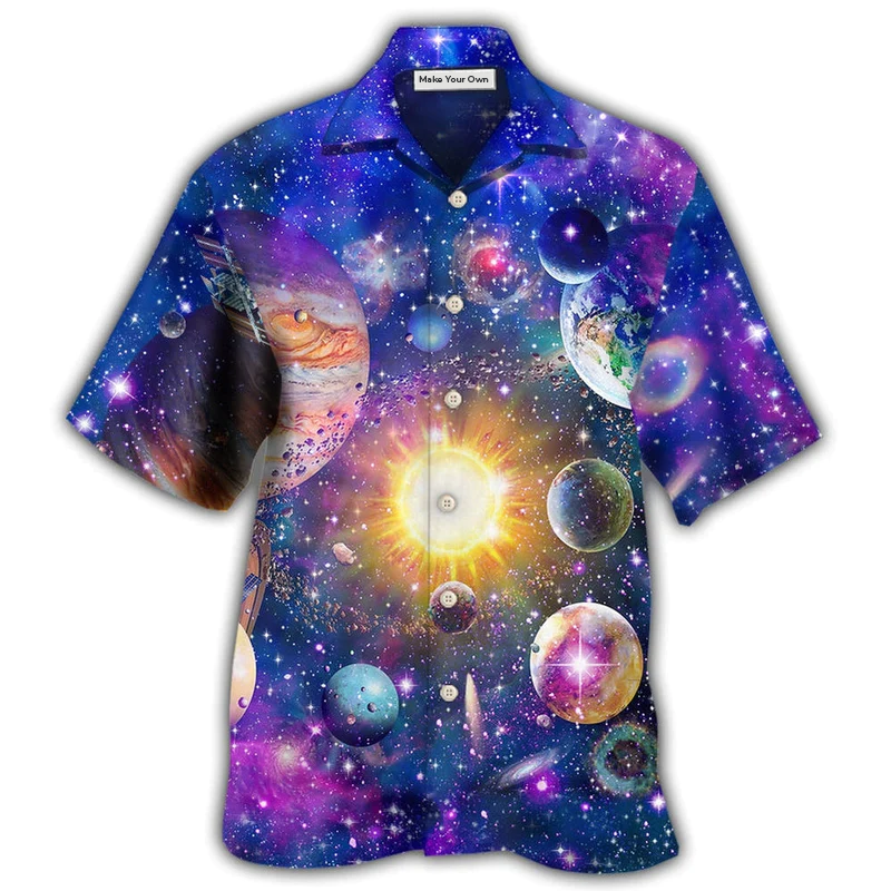 Colorful Galaxy Astronomy Solar Hawaiian Shirt Artwork Detail For Tropical Trips And Casual Outings