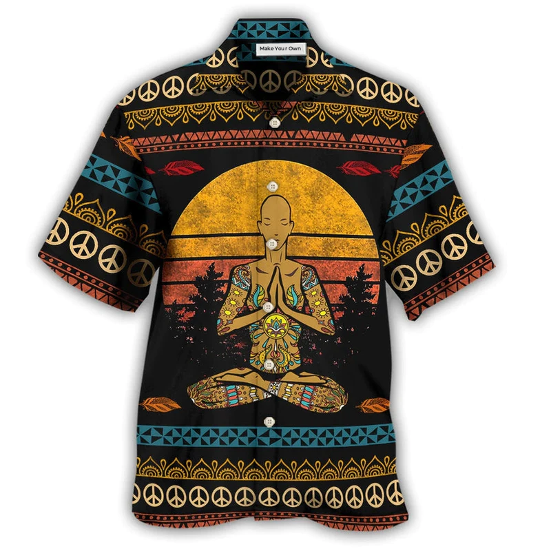 Yoga Mostly Peace Light Little Man Hawaiian Shirt Artwork Detail For Tropical Trips And Casual Outings