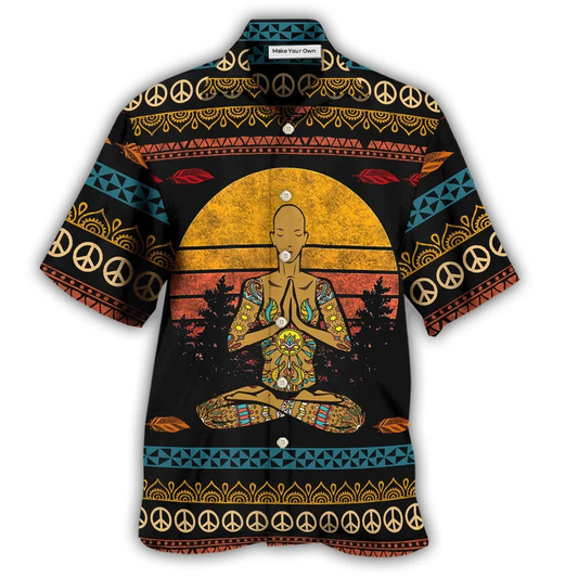 Yoga Mostly Peace Light Little Man Hawaiian Shirt Artwork Detail For Tropical Trips And Casual Outings