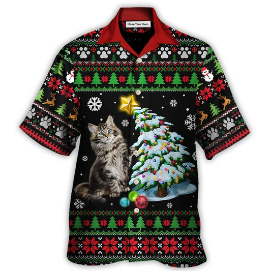 Funny Cat Wreck Tree Light Ugly Christmas Hawaiian Shirt Pattern Detail For Vacation Travel And Daily Wear