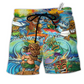 Tiki Aloha Surfing Into The Sunset Hawaiian Beach Shorts For Tropical Coastal Getaways
