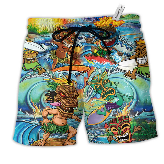 Tiki Aloha Surfing Into The Sunset Hawaiian Beach Shorts For Tropical Coastal Getaways