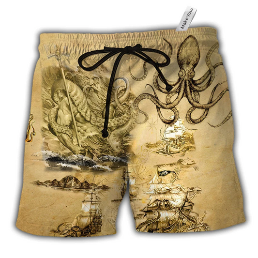 Octopus Amazing And Sail Retro Hawaiian Print Beach Shorts For Seaside Summer Adventures