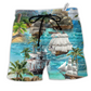 Sailing Ship In The Sea Hawaiian Print Beach Shorts For Seaside Summer Adventures