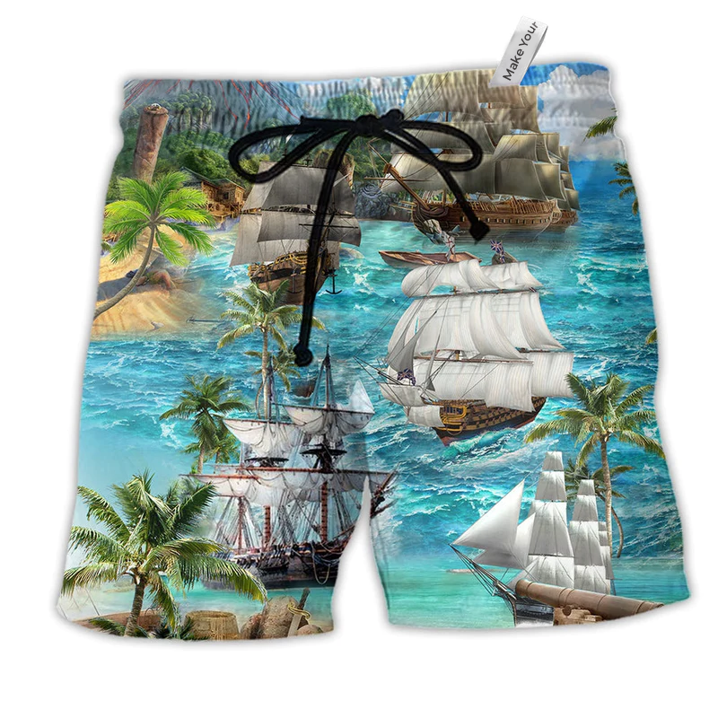 Sailing Ship In The Sea Hawaiian Print Beach Shorts For Seaside Summer Adventures